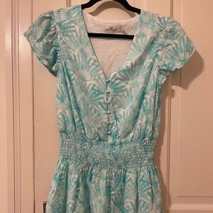 VINEYARD VINE |  Aqua Tropical Print Traveling Palm Smock Waist Dress XS